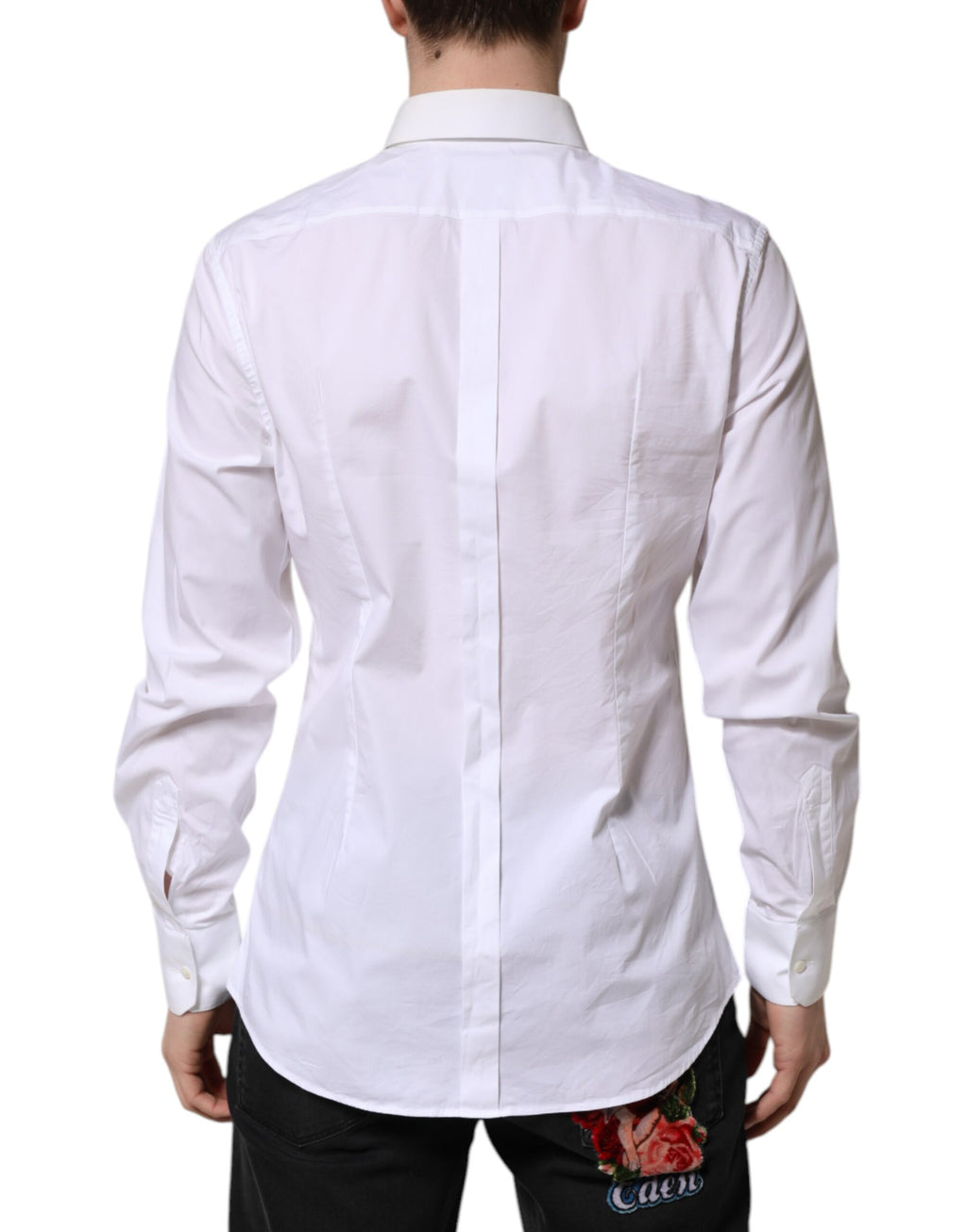 Chemise blanche en coton à manches longues de Dolce & Gabbana, style élégant avec détails dorés.