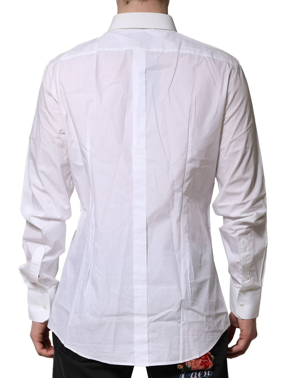 Chemise blanche en coton à manches longues Dolce & Gabbana, style formel avec détails dorés élégants.