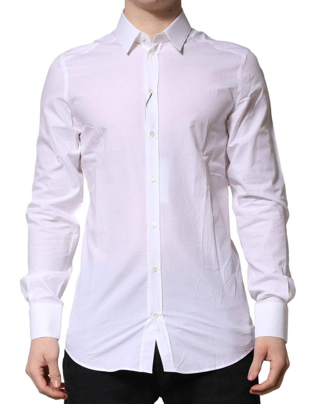 Chemise formelle blanche en coton à manches longues Dolce & Gabbana avec accents dorés, vue de face.