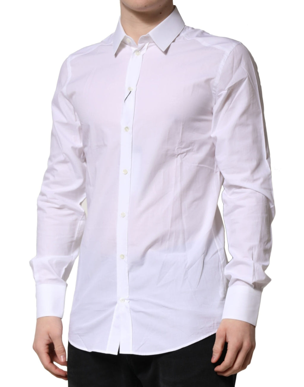 Chemise blanche en coton Dolce & Gabbana à manches longues et détails dorés, style formel, vue de face.