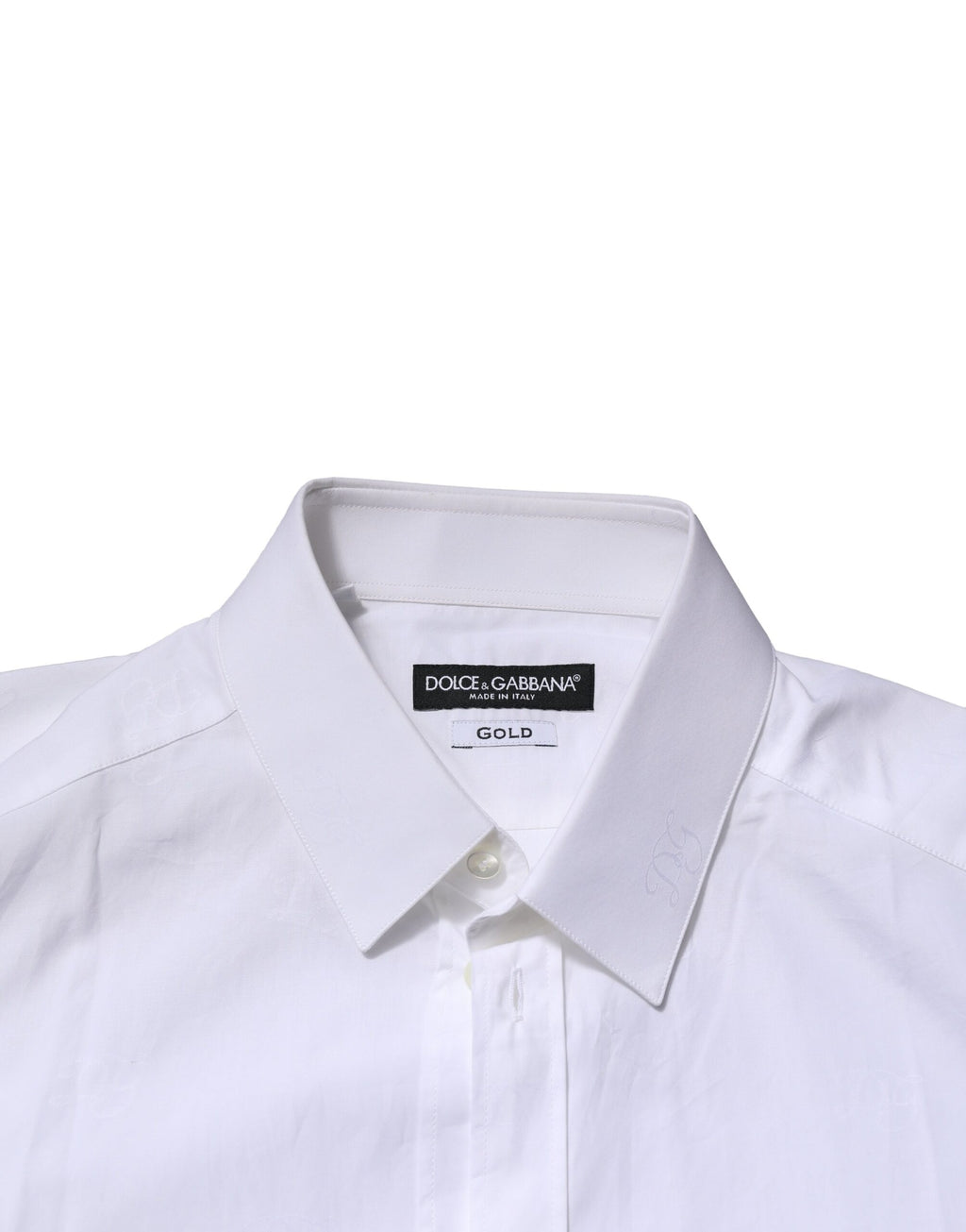 Chemise formelle blanche en coton Dolce & Gabbana avec manches longues et détails dorés, vue de face.