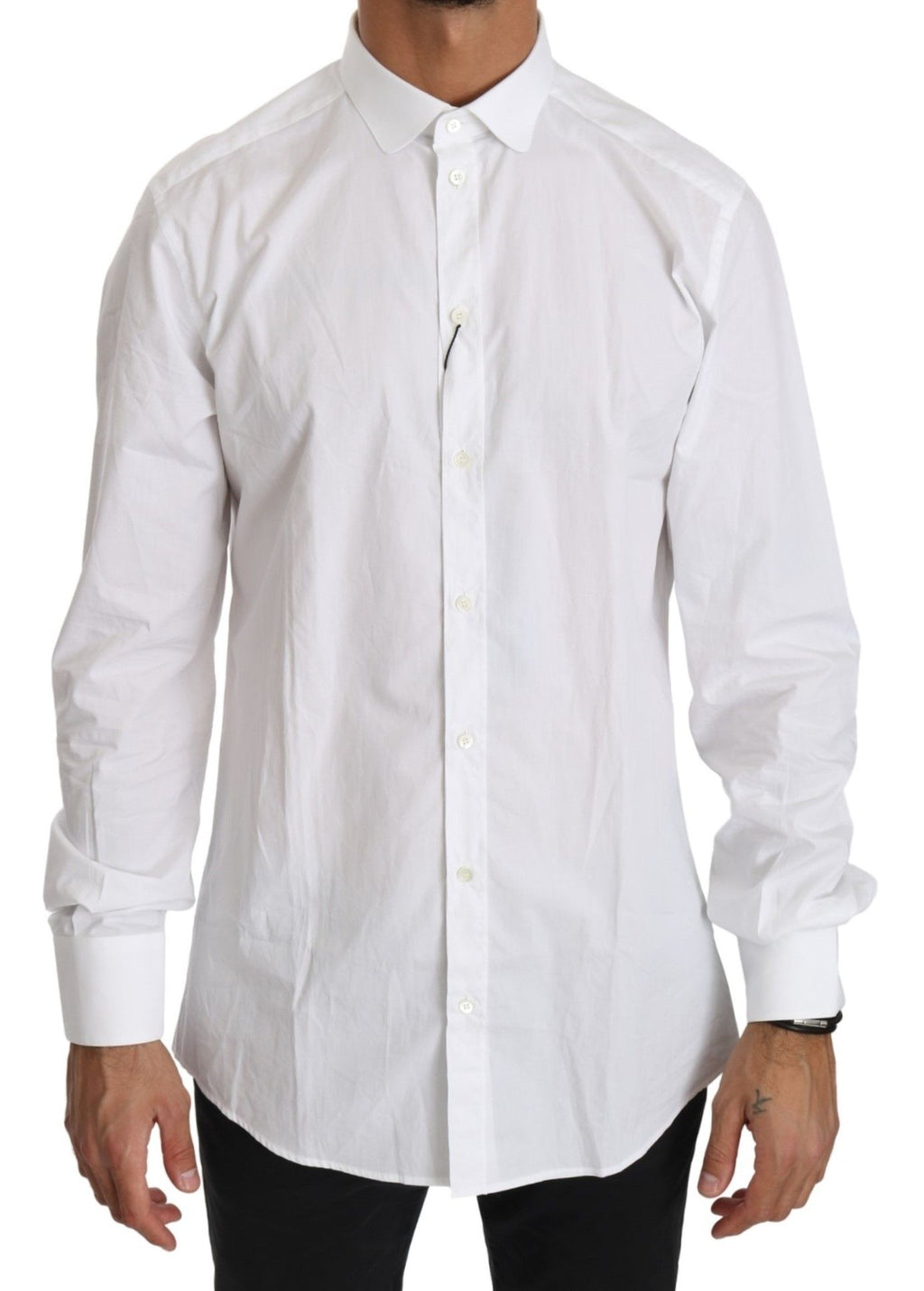 Chemise blanche en coton Dolce & Gabbana à manches longues, vue de face, avec col classique et détails élégants.