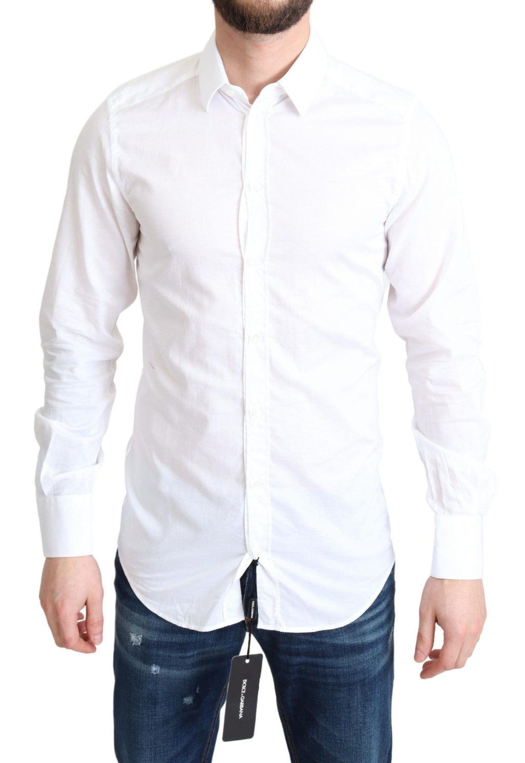 Chemise blanche en coton à manches longues de la marque Dolce & Gabbana, style formel élégante et sophistiquée.