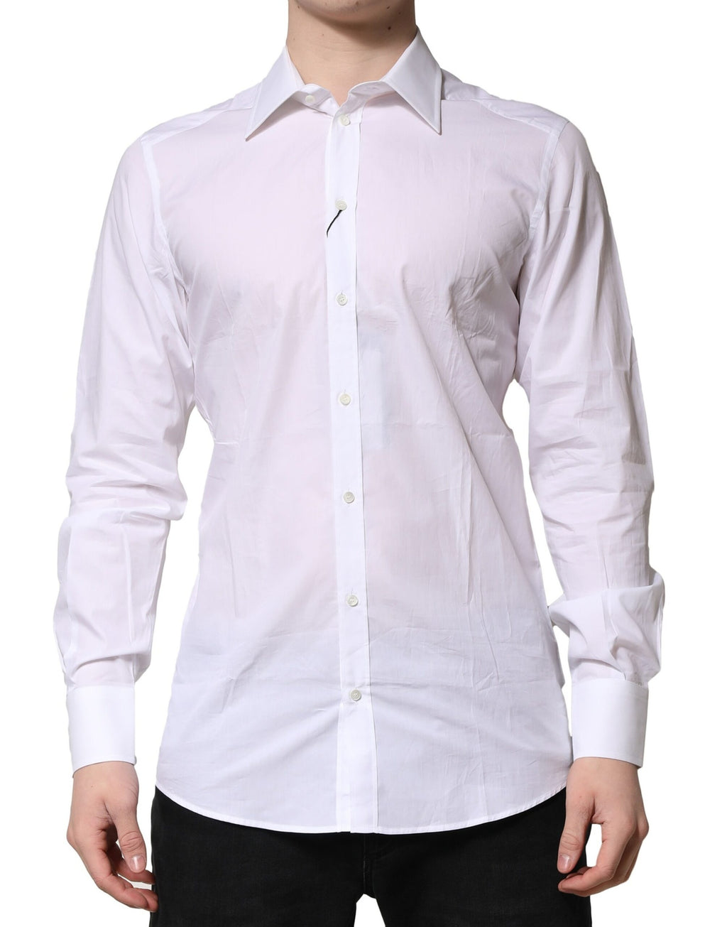 Chemise formelle blanche en coton à manches longues de Dolce & Gabbana, avec détails dorés élégants.