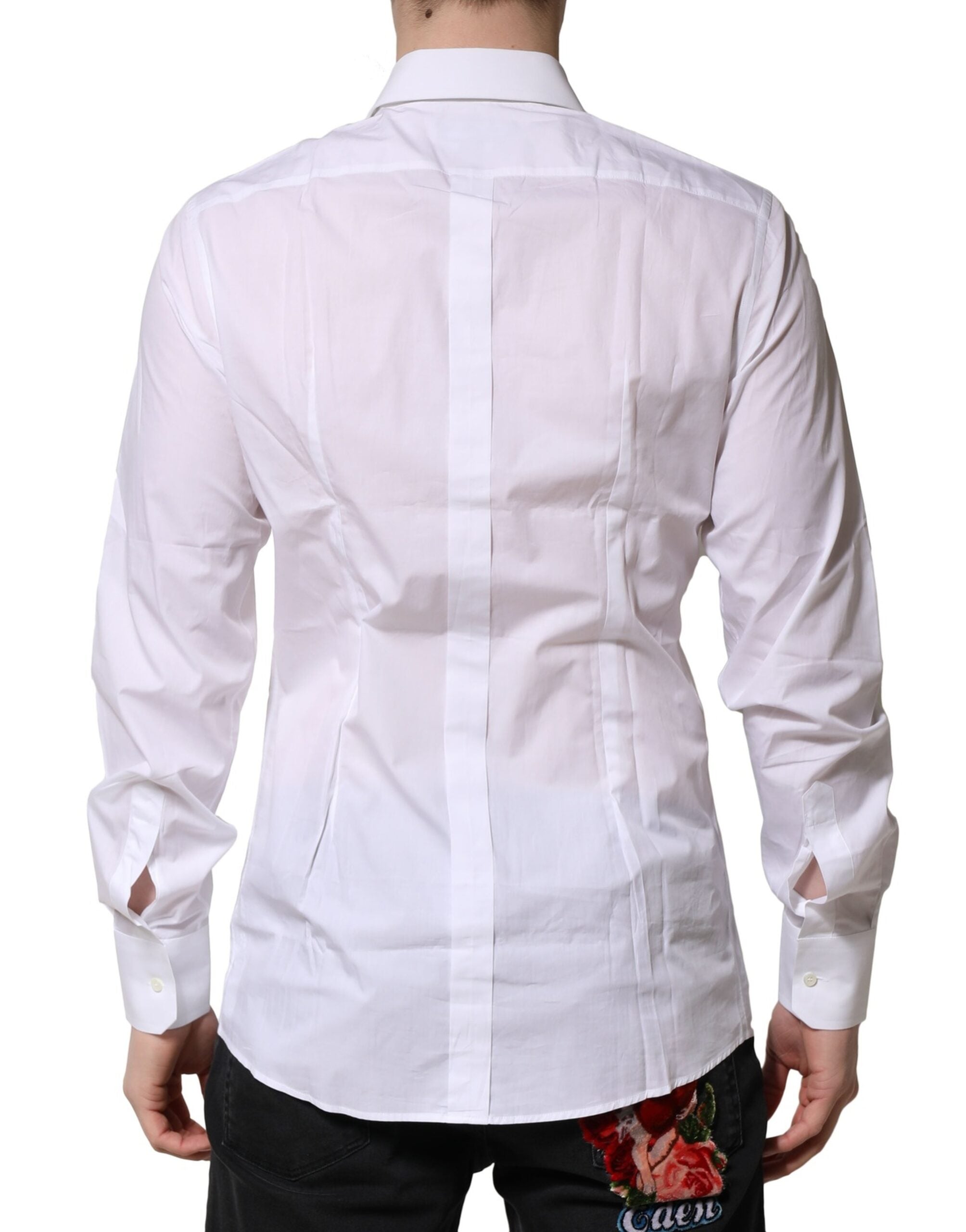 Chemise formelle blanche en coton à manches longues Dolce & Gabbana avec détails dorés, élégante et sophistiquée.