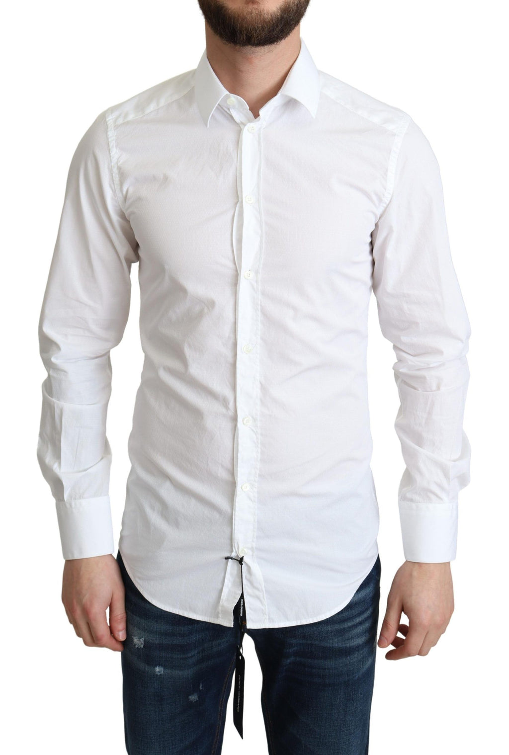 Chemise homme Dolce & Gabbana à manches longues en coton blanc, style formel et élégant.