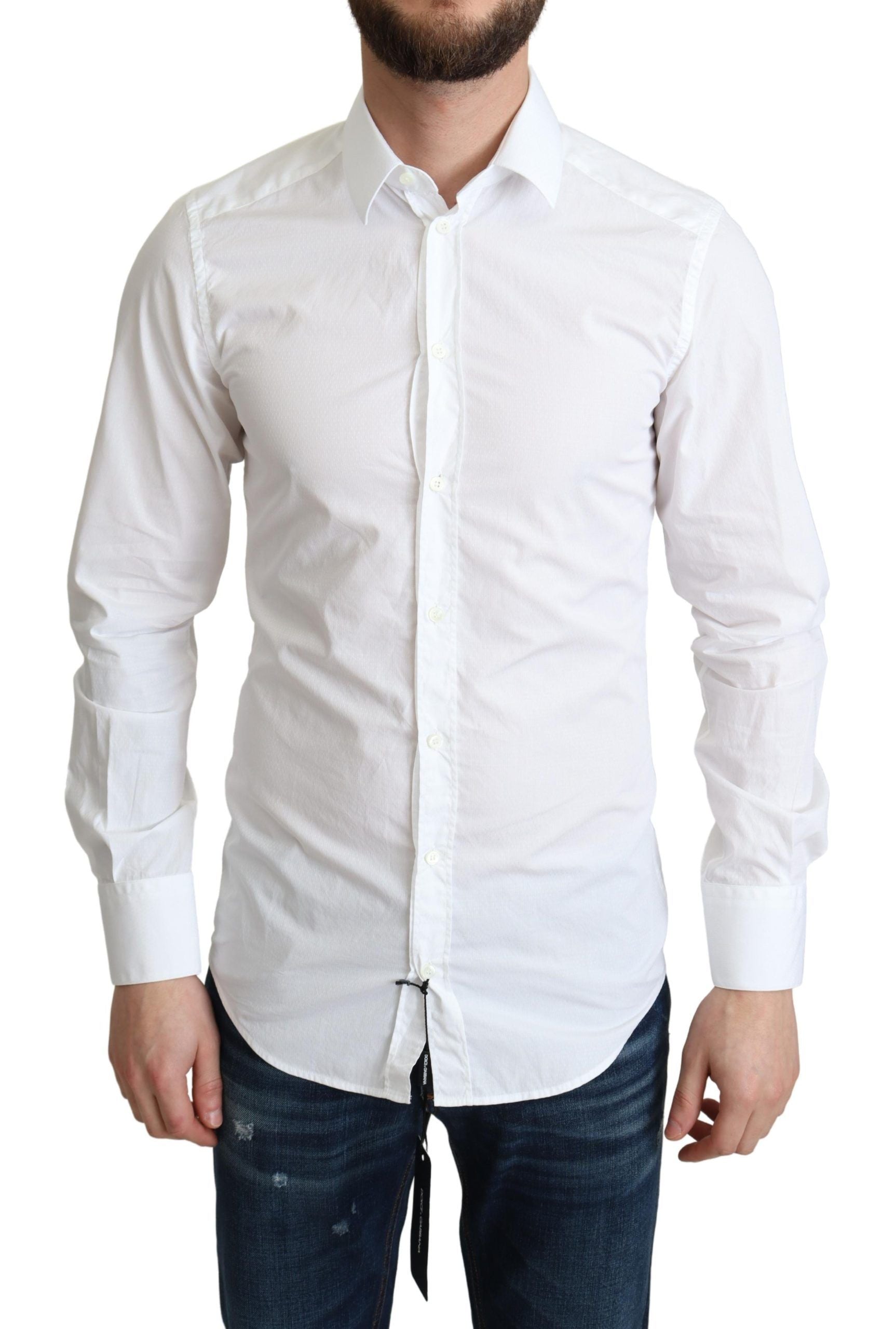 Chemise homme Dolce & Gabbana à manches longues en coton blanc, style formel et élégant.