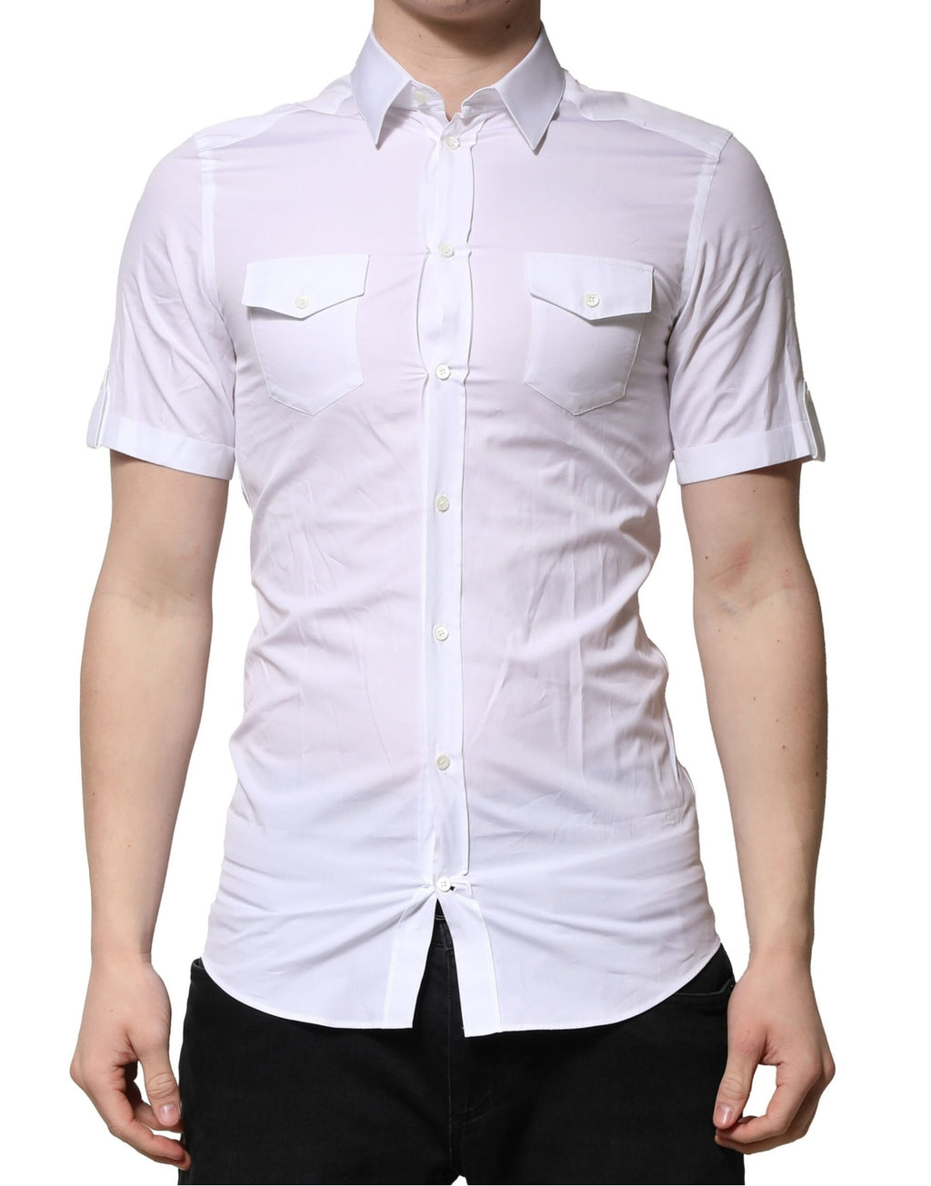 Chemise blanche en coton à manches courtes Dolce & Gabbana, style décontracté avec détails dorés visibles.