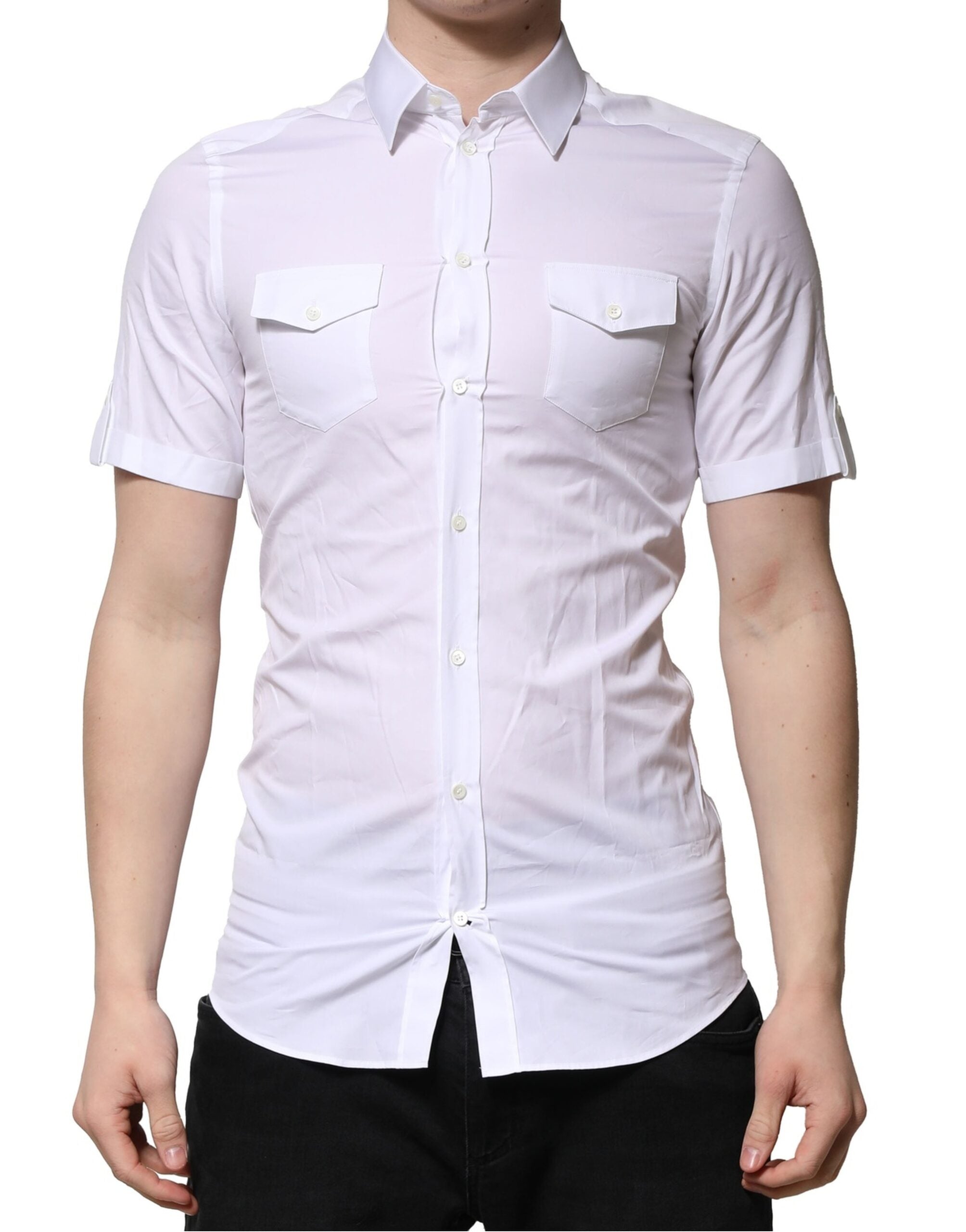 Chemise blanche en coton à manches courtes Dolce & Gabbana, style décontracté avec détails dorés visibles.