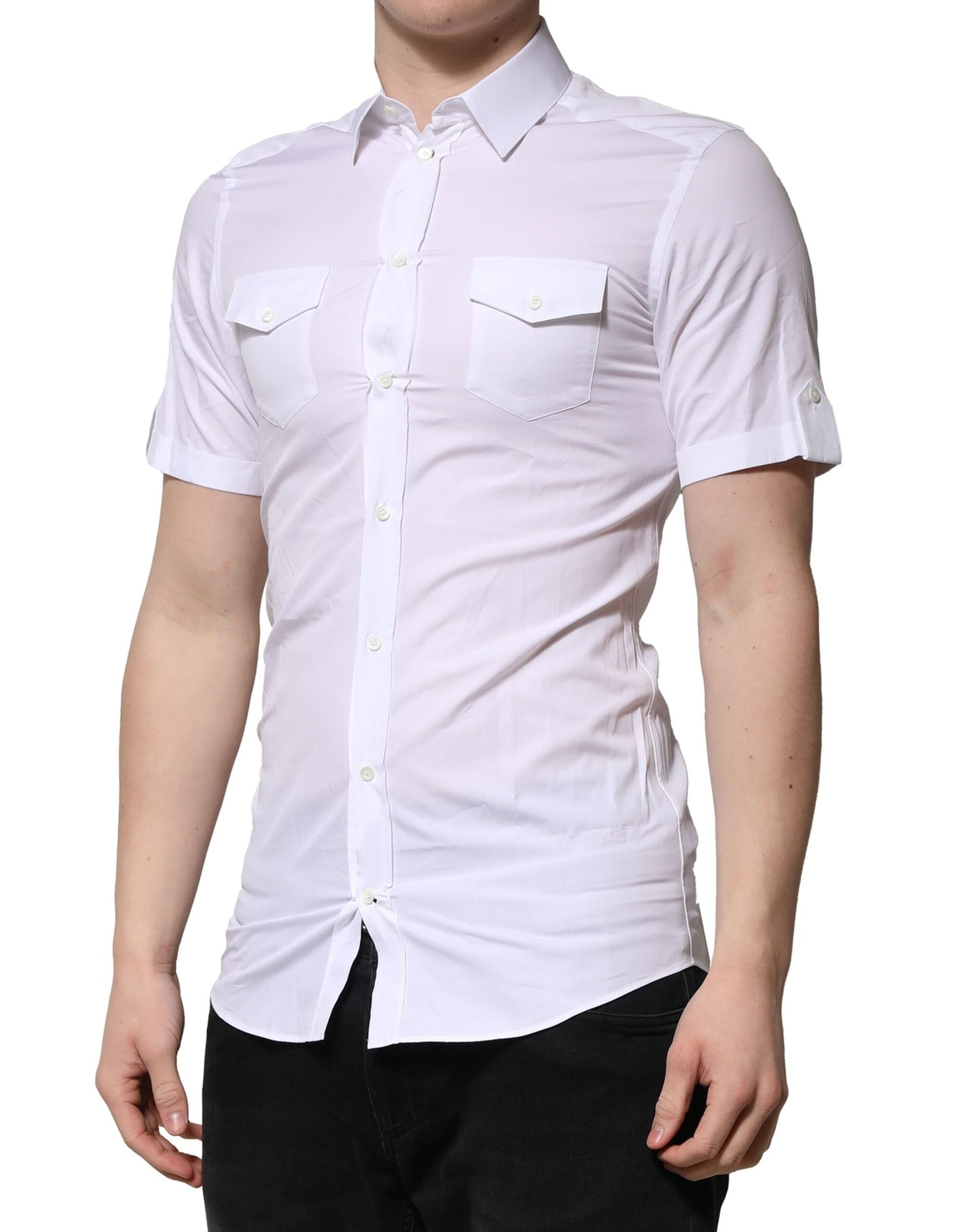 Chemise blanche en coton à manches courtes Dolce & Gabbana avec détails dorés pour un style casual élégant.