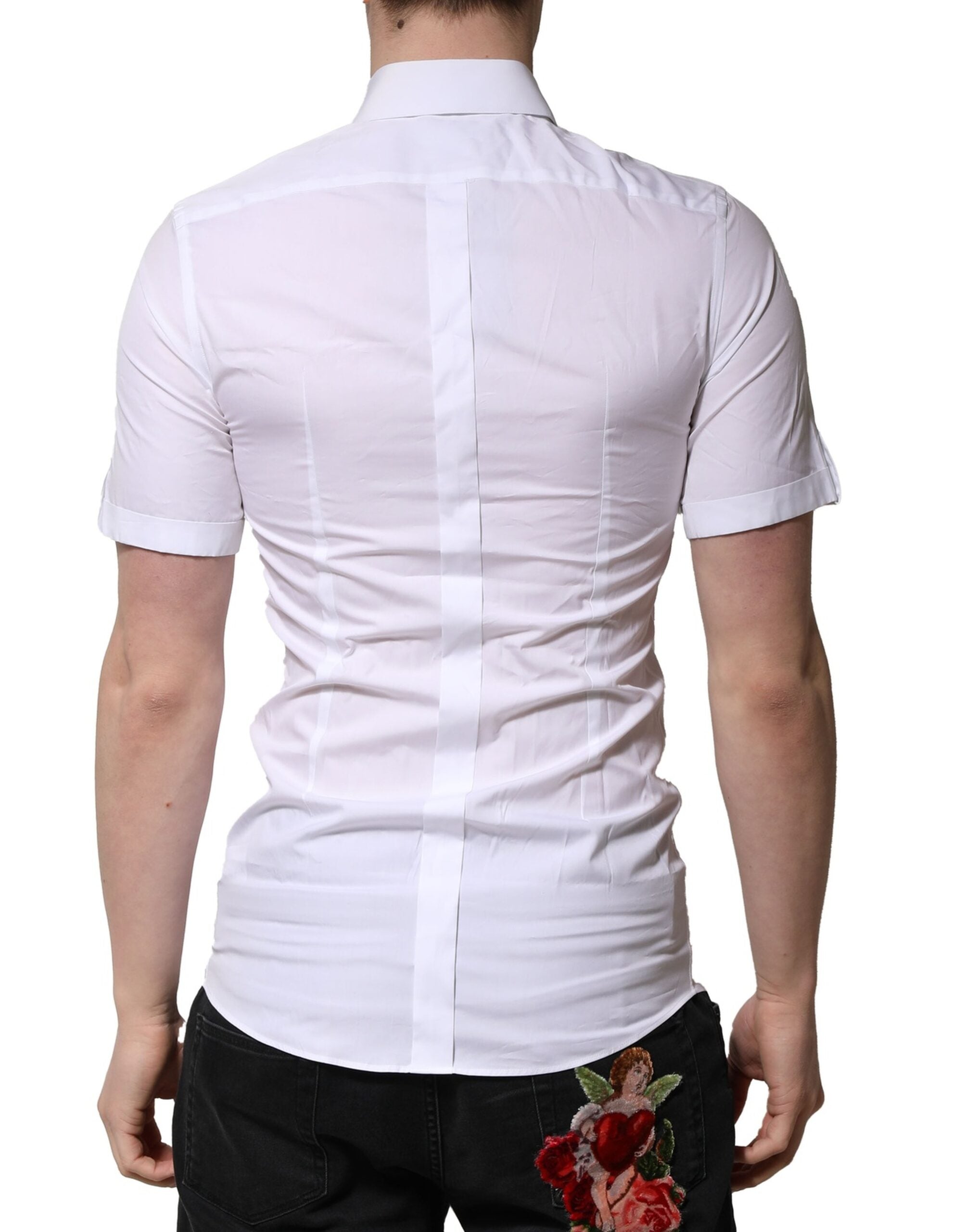 Chemise blanche en coton à manches courtes Dolce & Gabbana, style casual avec détails dorés visibles.