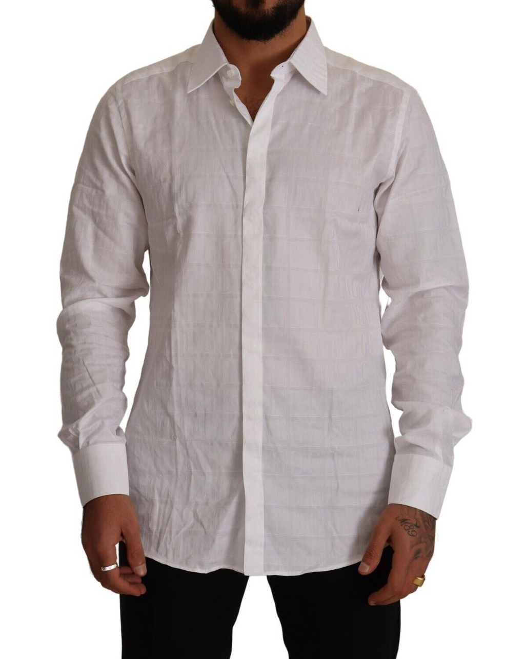 Chemise formelle Dolce & Gabbana en coton blanc avec détails dorés, coupe slim et style élégant pour homme.