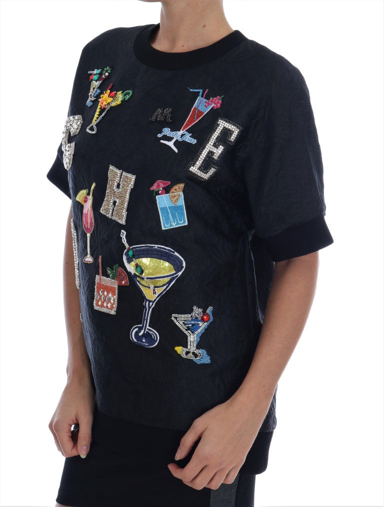 Pull en soie noire Dolce & Gabbana, en brocart avec détails en cristal, élégant pull de cocktail pour femme.