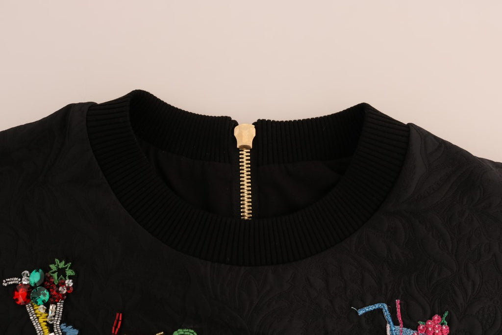 Pull à manches longues Dolce & Gabbana en brocart noir avec cristaux, élégant pull de cocktail en tissu brodé.