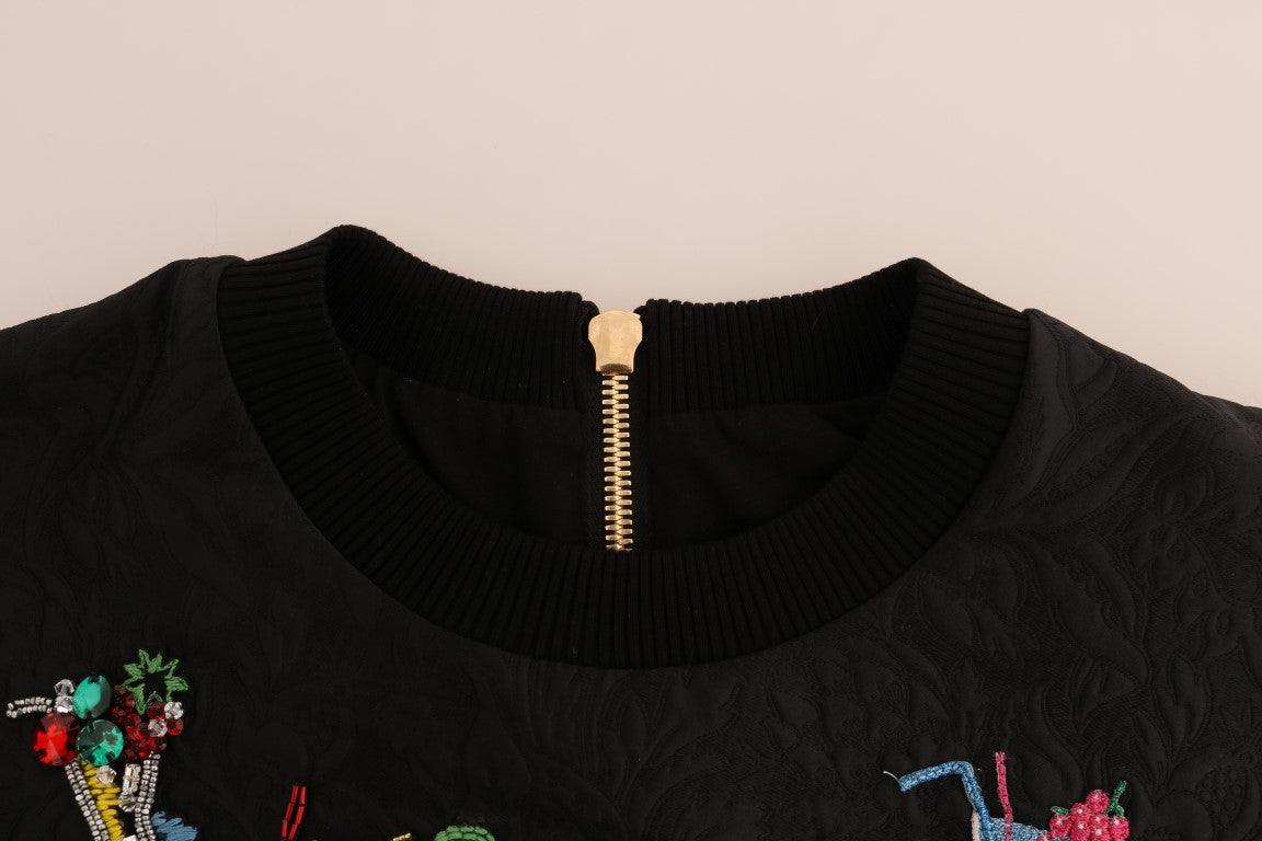 Pull à manches longues Dolce & Gabbana en brocart noir avec cristaux, élégant pull de cocktail en tissu brodé.