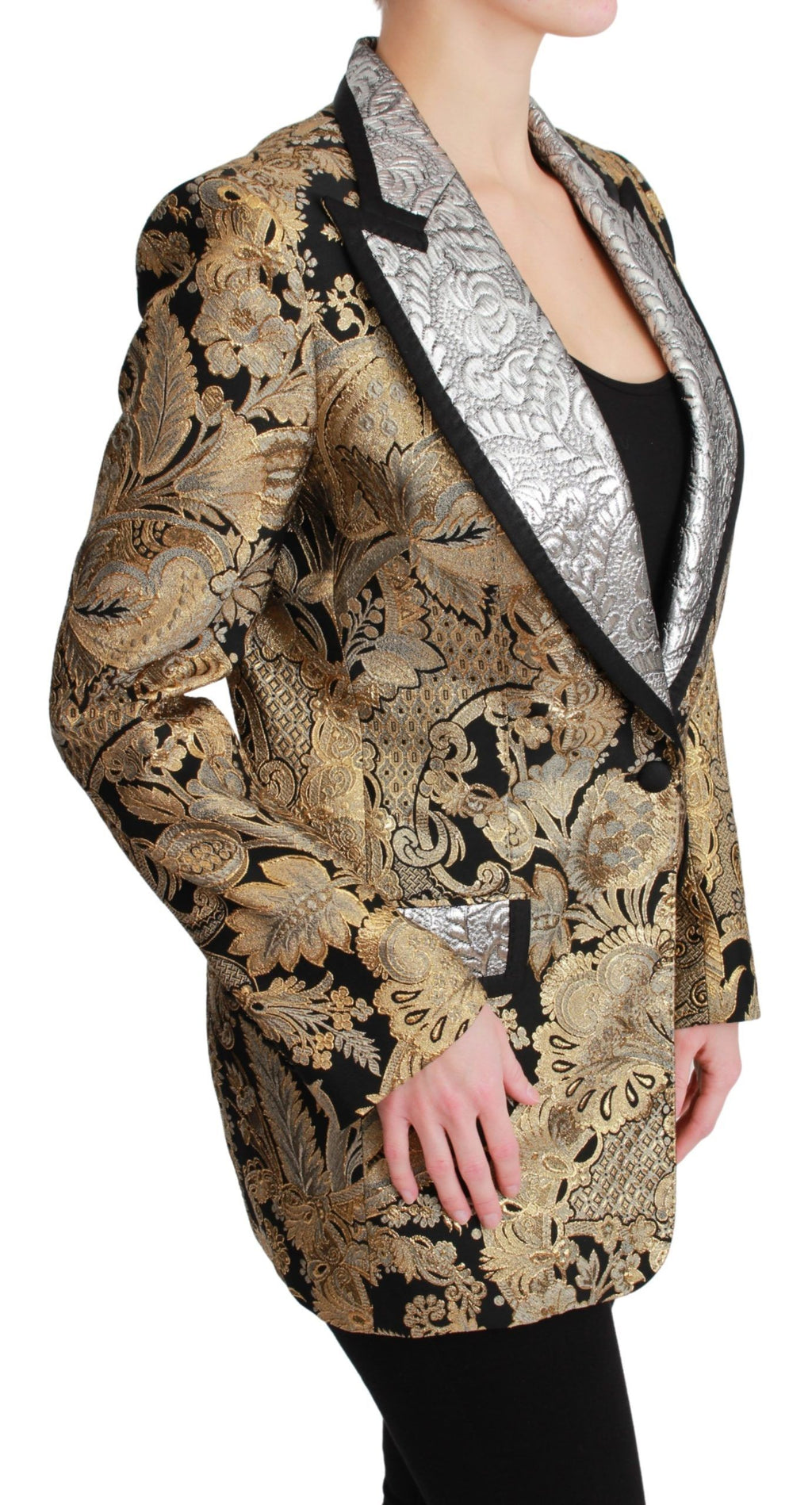 Veste blazer Dolce & Gabbana en jacquard noir et or, élégante et sophistiquée, vue de face sur un fond neutre.