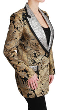 Veste blazer Dolce & Gabbana en jacquard noir et or, élégante et sophistiquée, vue de face sur un fond neutre.