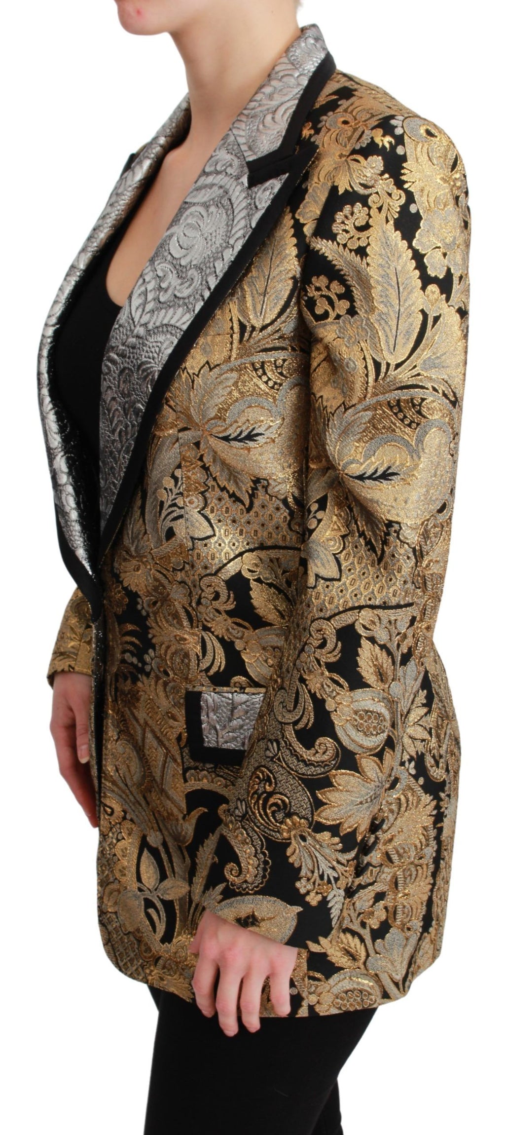 Veste blazer Dolce & Gabbana noire et or en jacquard, élégante et sophistiquée, visible en gros plan sur l'image.