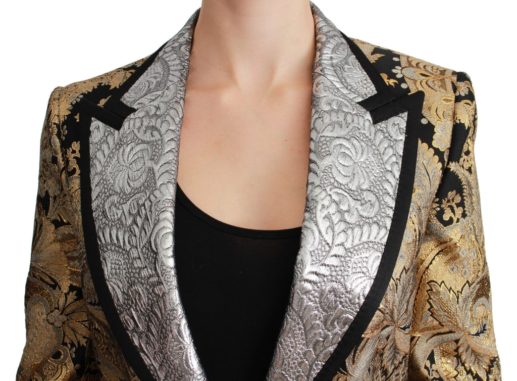 Veste blazer Dolce & Gabbana en jacquard noir et or, élégante et sophistiquée, visible en détail sur l'image.