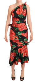 Robe longue en soie noire brillante à imprimé floral, Dolce & Gabbana, avec drapé élégant et style sophistiqué.