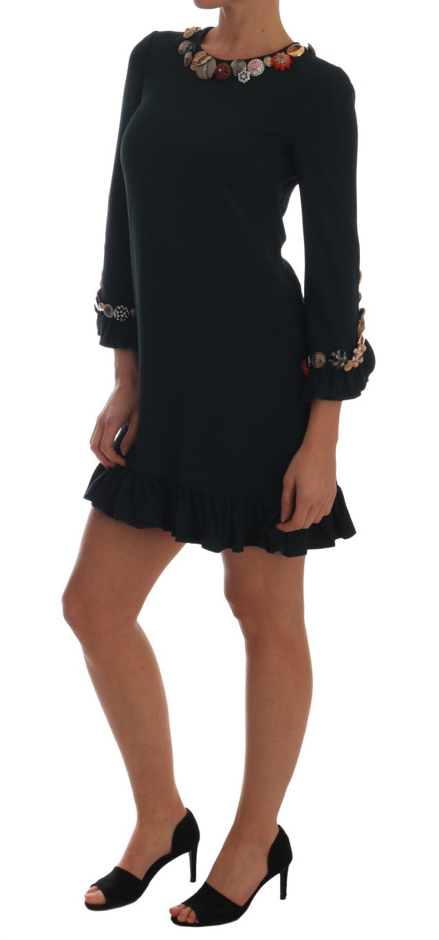Robe courte vert en cristal à coupe évasée de Dolce & Gabbana, tissu stretch, design élégant et féminin.