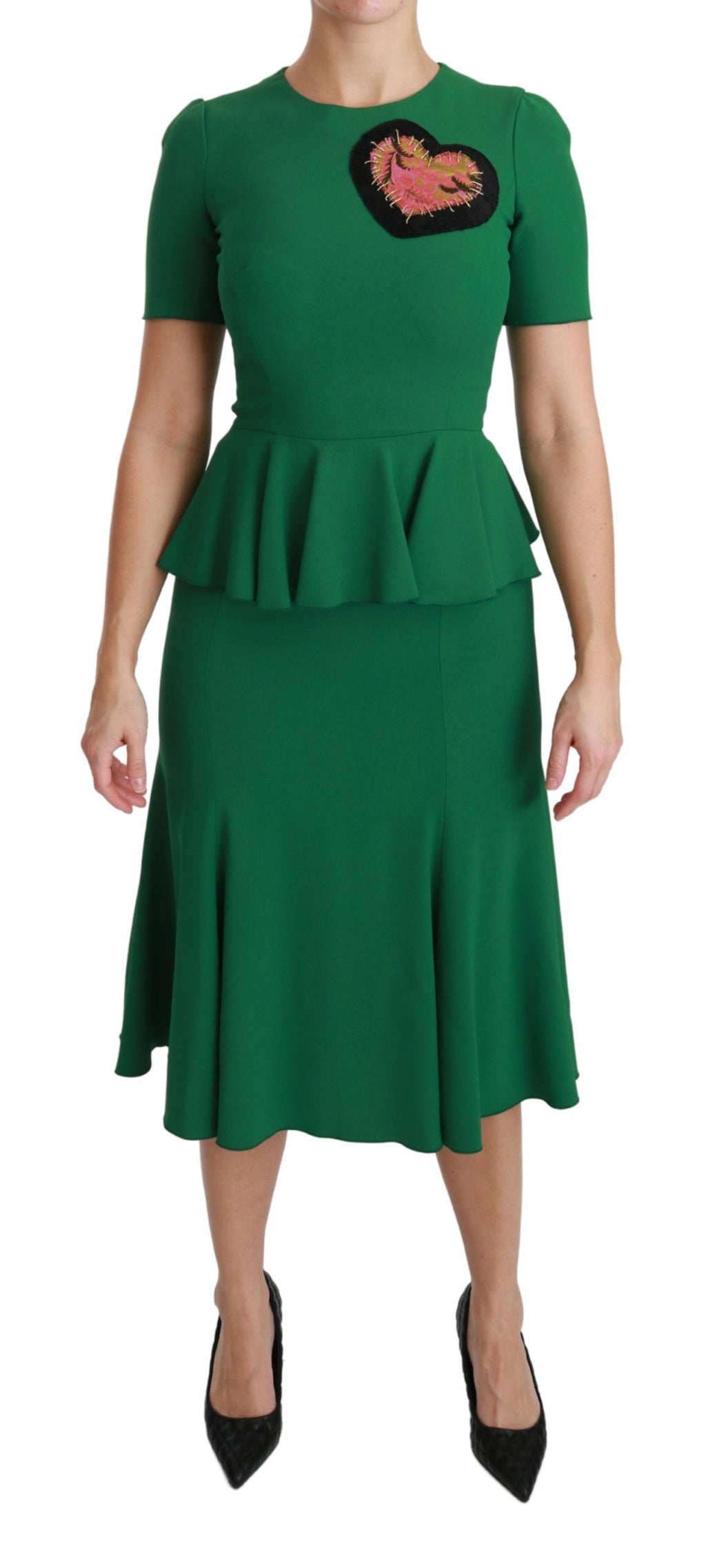 Robe midi en viscose verte Dolce & Gabbana avec patch en forme de cœur et motif sirène, élégante et fluide.