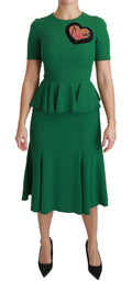 Robe midi en viscose verte Dolce & Gabbana avec patch en forme de cœur et motif sirène, élégante et fluide.