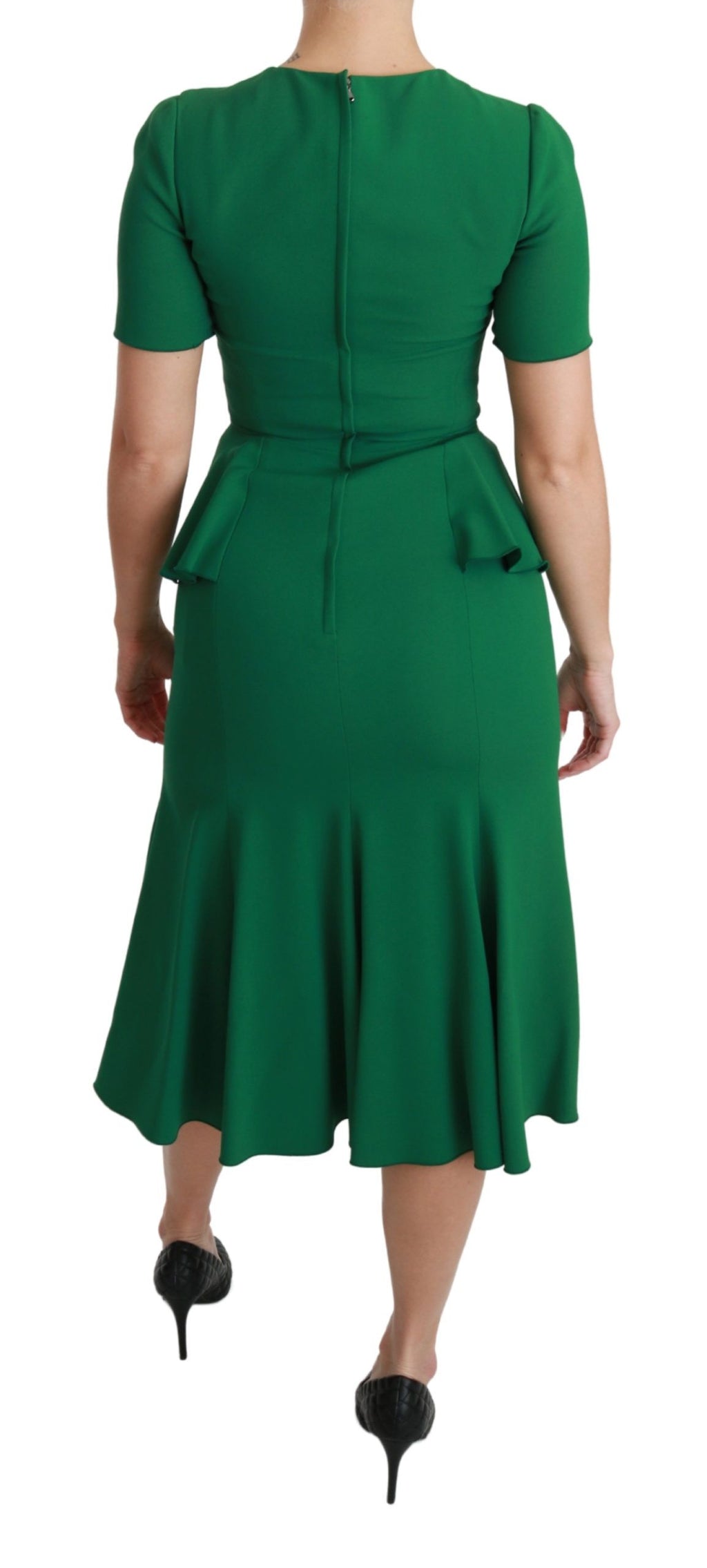 Robe midi en viscose verte Dolce & Gabbana avec patch cœur en forme de sirène, style élégant et féminin.