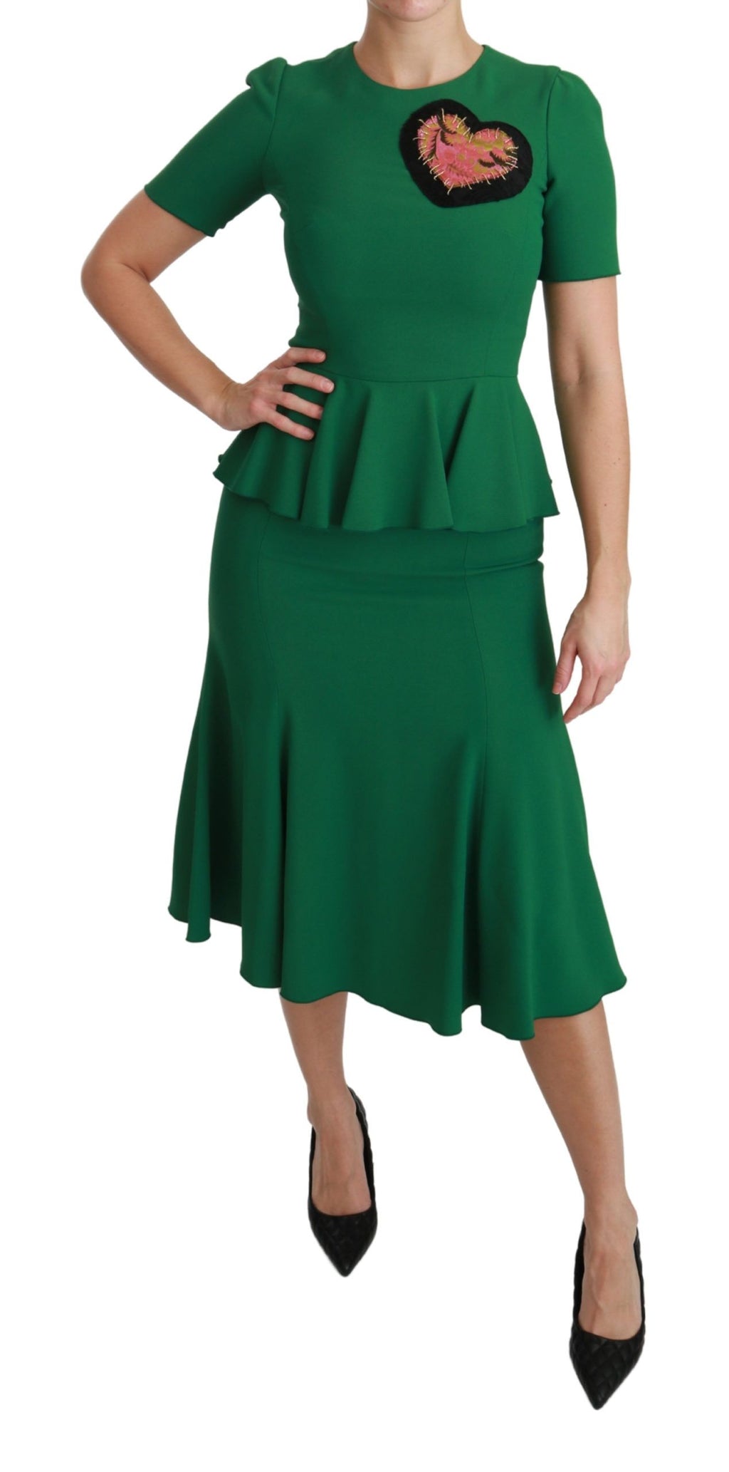 Robe midi sirène en viscose verte avec patch en forme de cœur, de la marque Dolce & Gabbana, motif élégant.
