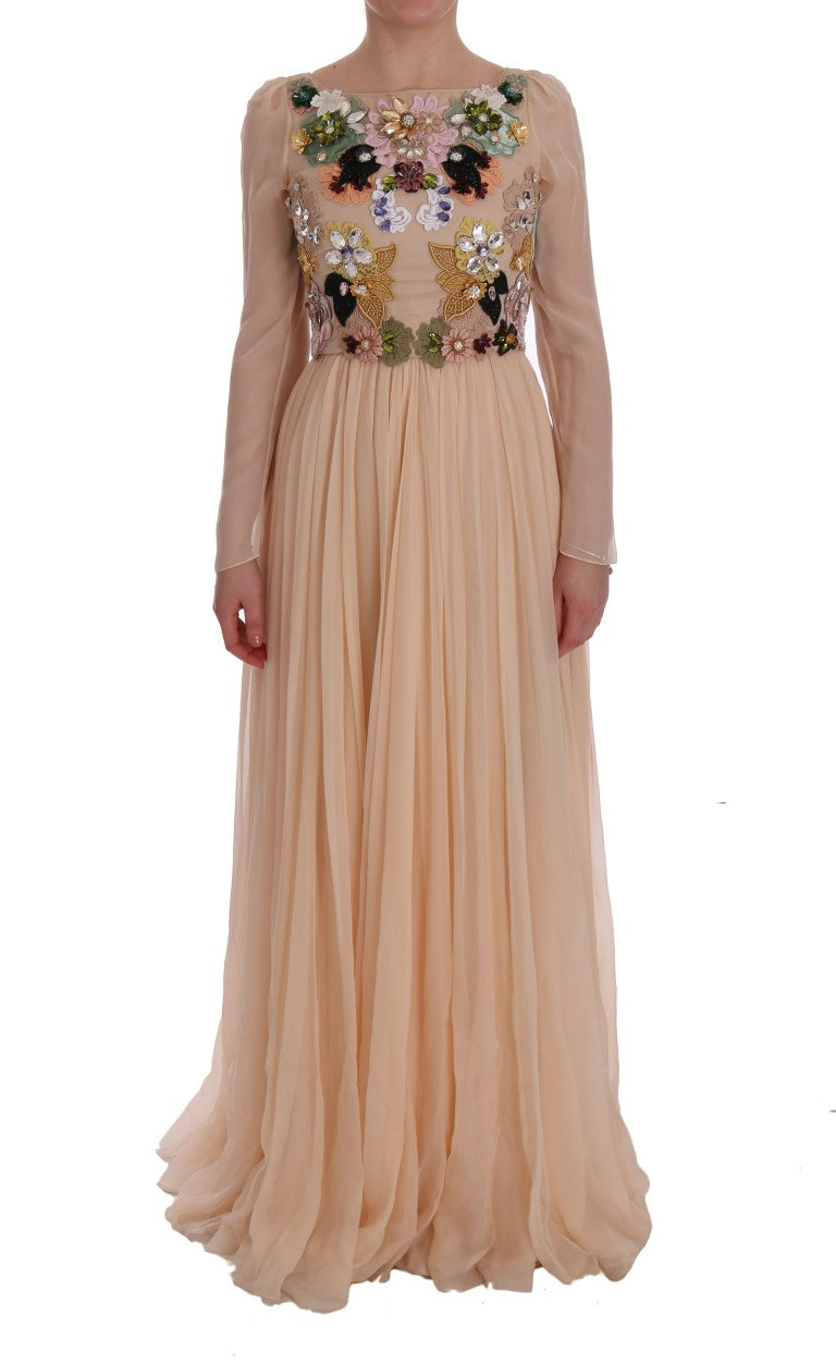 Robe longue en soie rose avec motifs floraux et cristaux, maxi robe Dolce & Gabbana pour femme.