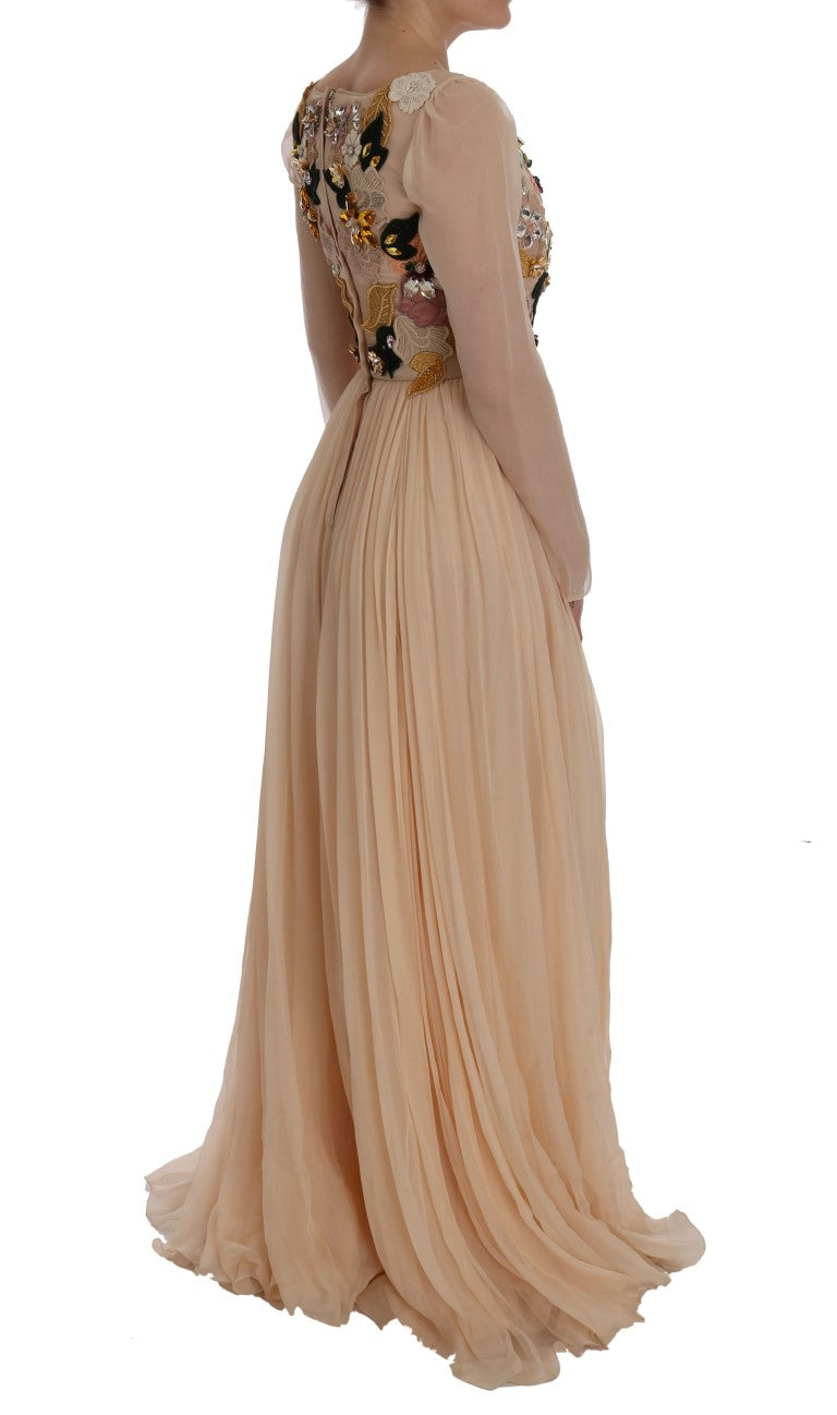 Robe longue en soie rose Dolce & Gabbana avec motifs floraux et détails en cristal, élégante et sophistiquée.