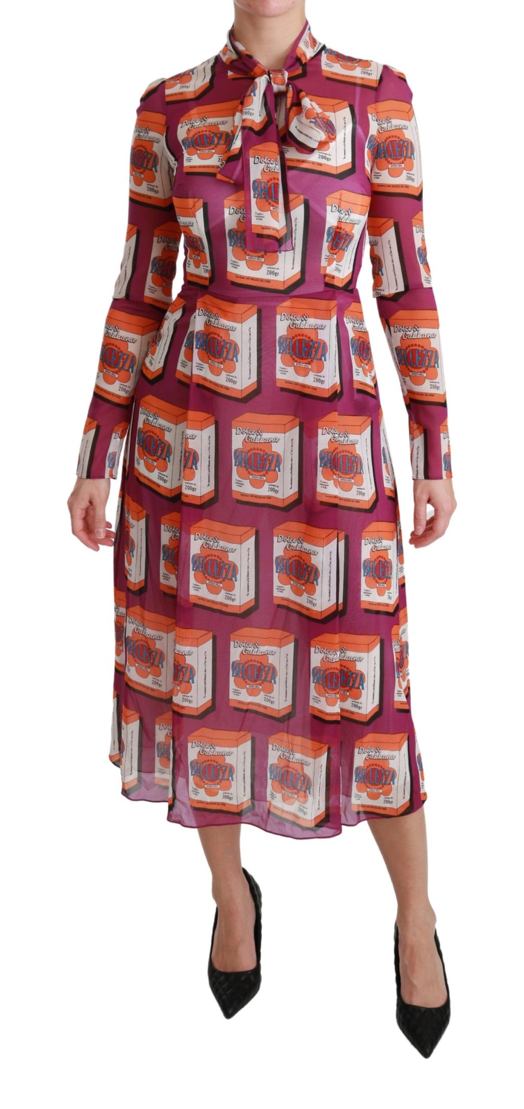 Robe longue en soie violette Dolce & Gabbana Bellezza, coupe évasée A-line avec détails élégants.