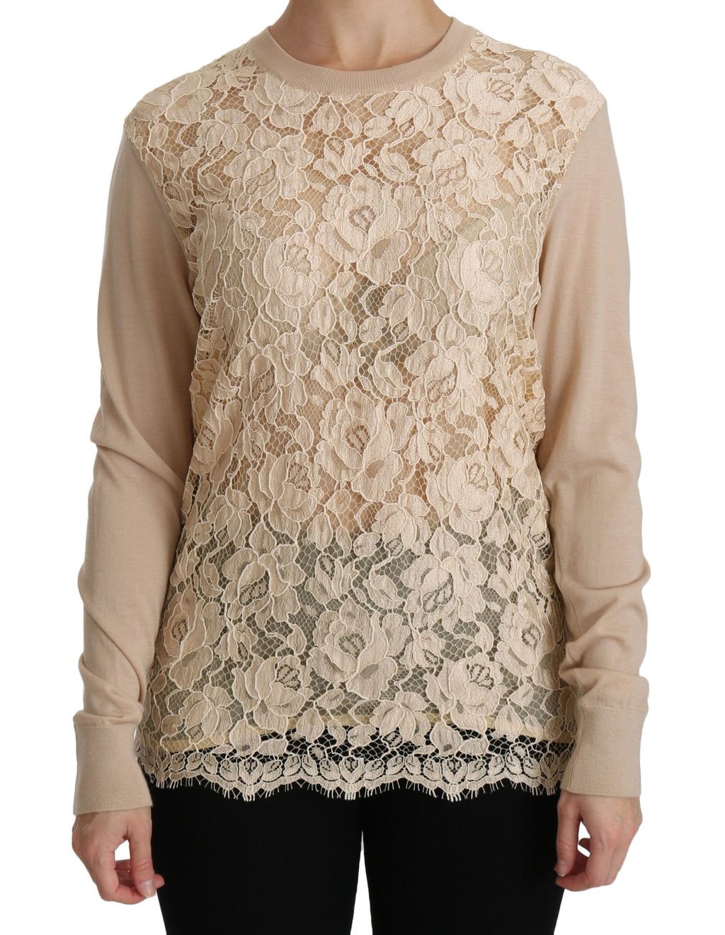 Haut en dentelle beige Dolce & Gabbana à manches longues en cachemire, blouse élégante pour femme.