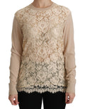 Haut en dentelle beige Dolce & Gabbana à manches longues en cachemire, blouse élégante pour femme.