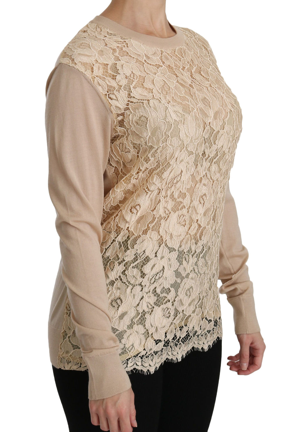 Haut en cachemire beige à manches longues en dentelle Dolce & Gabbana, blouse élégante et raffinée pour femme.