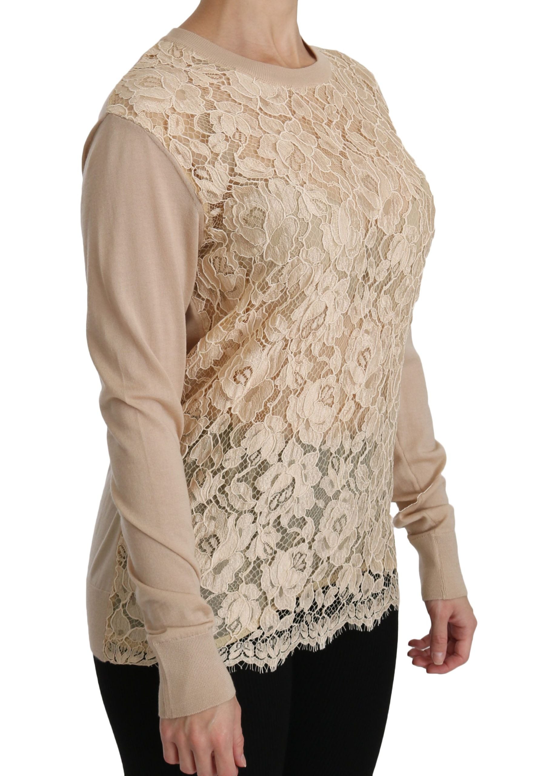 Haut en cachemire beige à manches longues en dentelle Dolce & Gabbana, blouse élégante et raffinée pour femme.