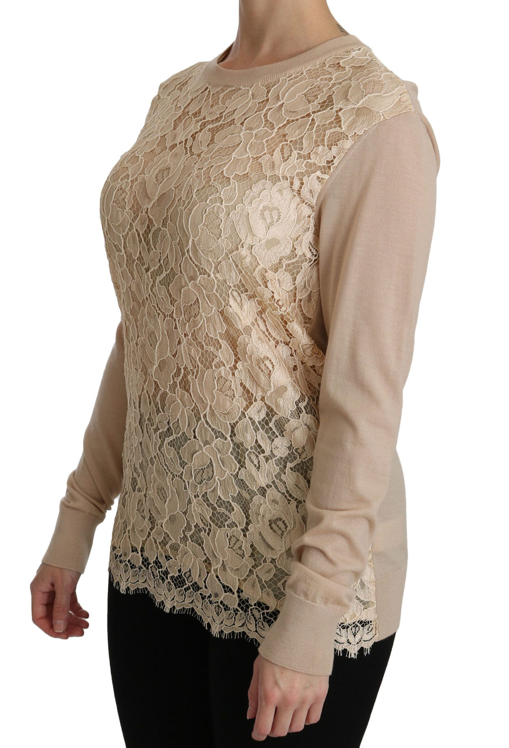 Haut en dentelle beige Dolce & Gabbana à manches longues en cachemire, élégant et sophistiqué pour femmes.