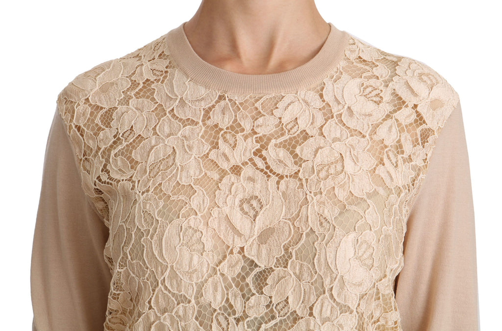 Top en laine cashmere beige à manches longues en dentelle Dolce & Gabbana, blouse élégante et raffinée pour femme.