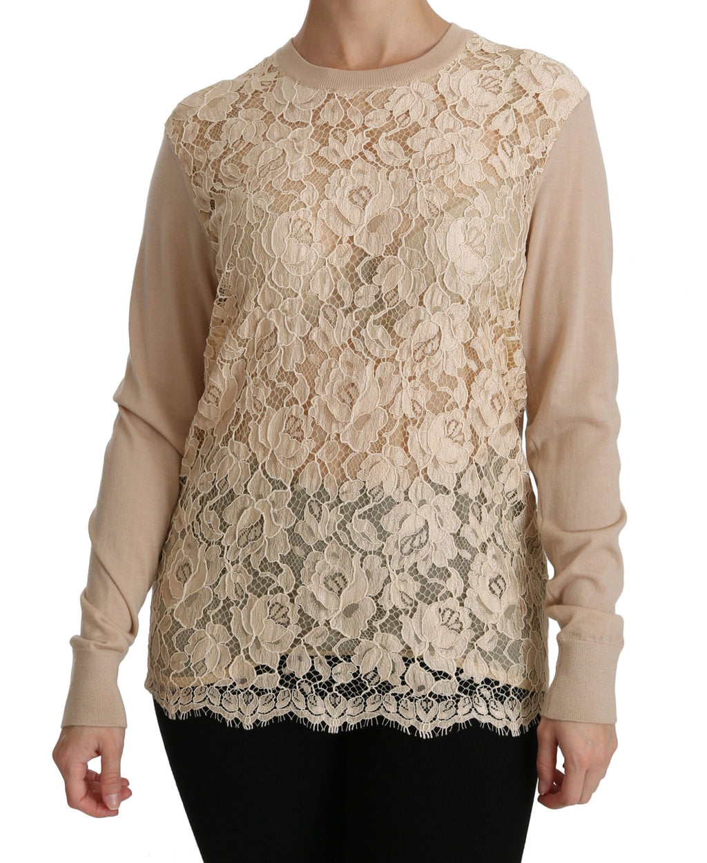 Haut en dentelle beige Dolce & Gabbana à manches longues en cachemire, blouse élégante et raffinée pour femme.