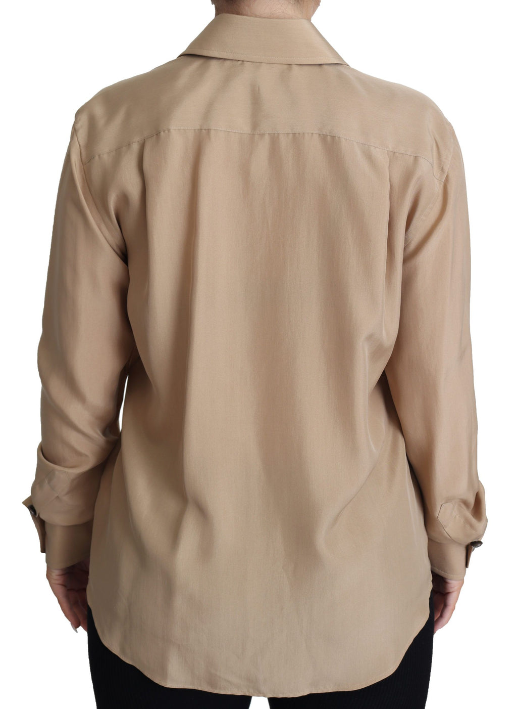 Chemise en soie beige Dolce & Gabbana avec boutons décoratifs visibles, élégante et sophistiquée, pour un style chic et raffiné.