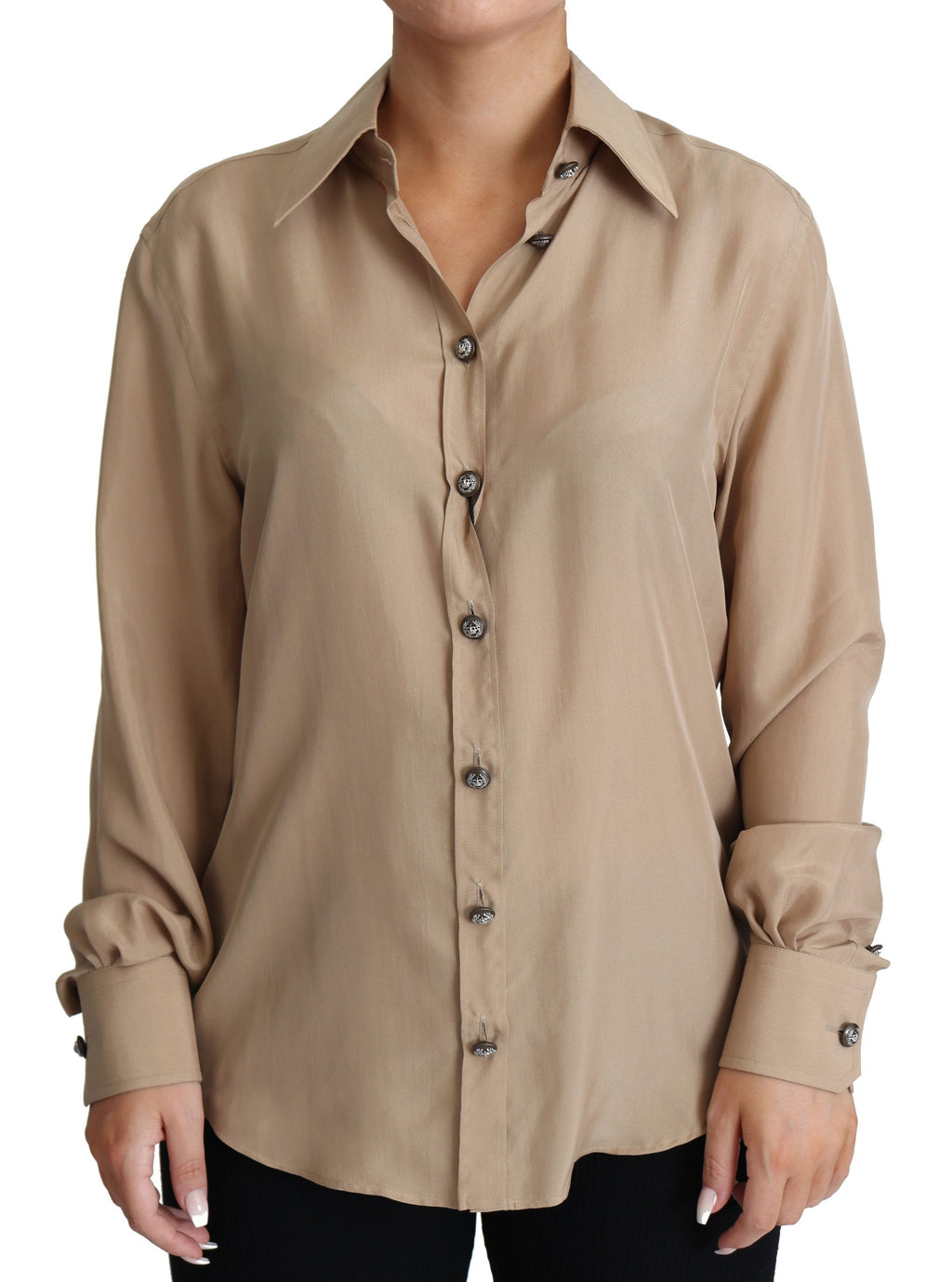 Chemise en soie beige Dolce & Gabbana avec boutons décoratifs, vue de face, élégante et sophistiquée.