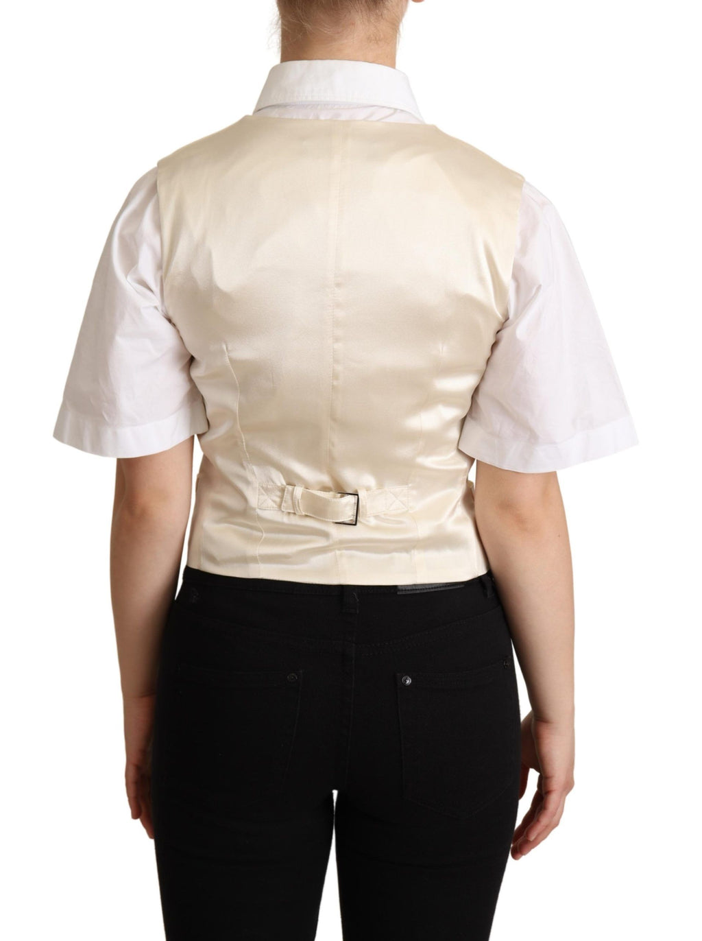 Gilet sans manches en soie beige de Dolce & Gabbana, veste cintrée élégante pour femme, vue de face.