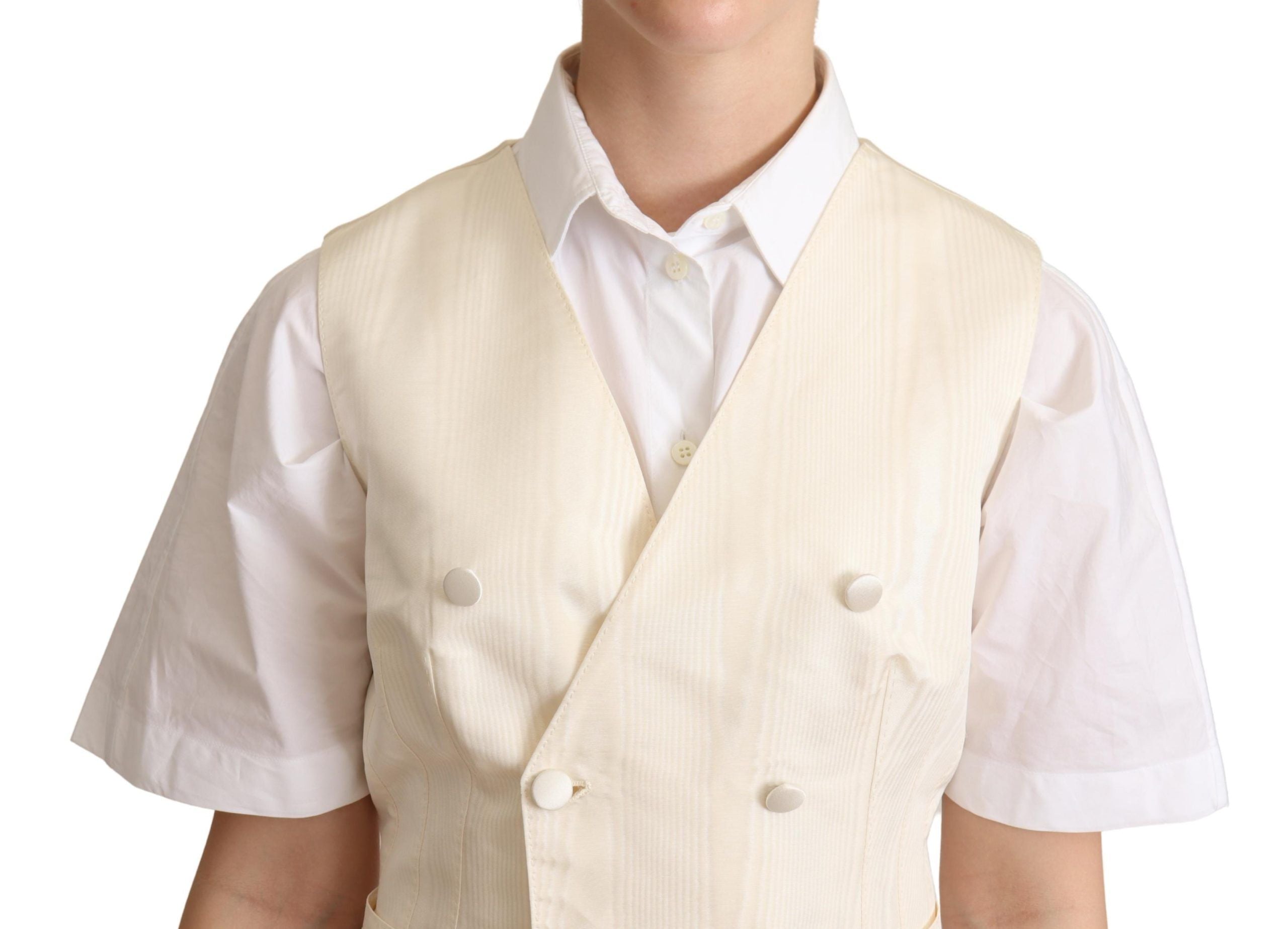 Gilet sans manches en soie beige de Dolce & Gabbana, veste ajustée élégante pour femme.