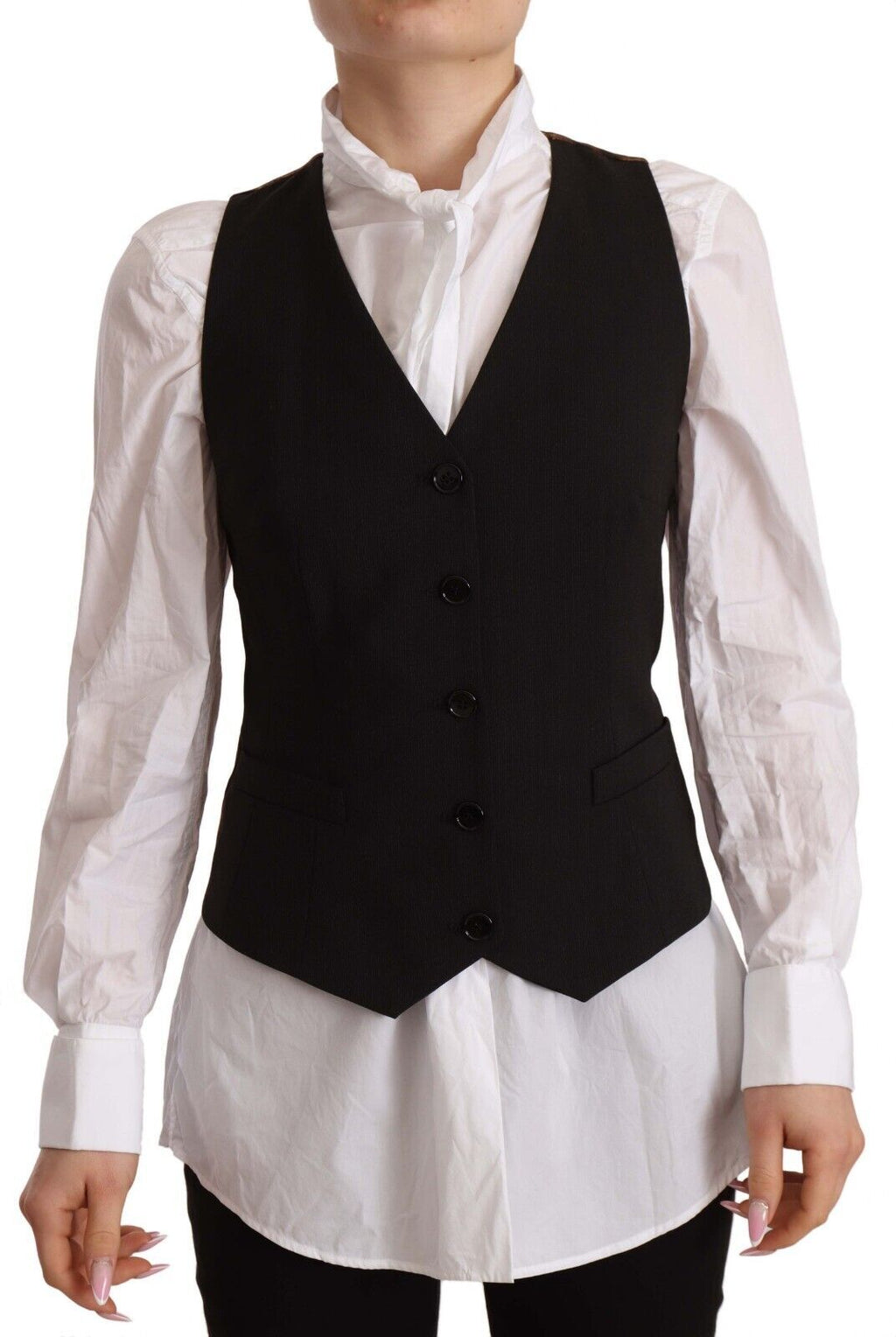 Gilet sans manches noir Dolce & Gabbana en polyester avec boutons visibles, porté sur un fond neutre.