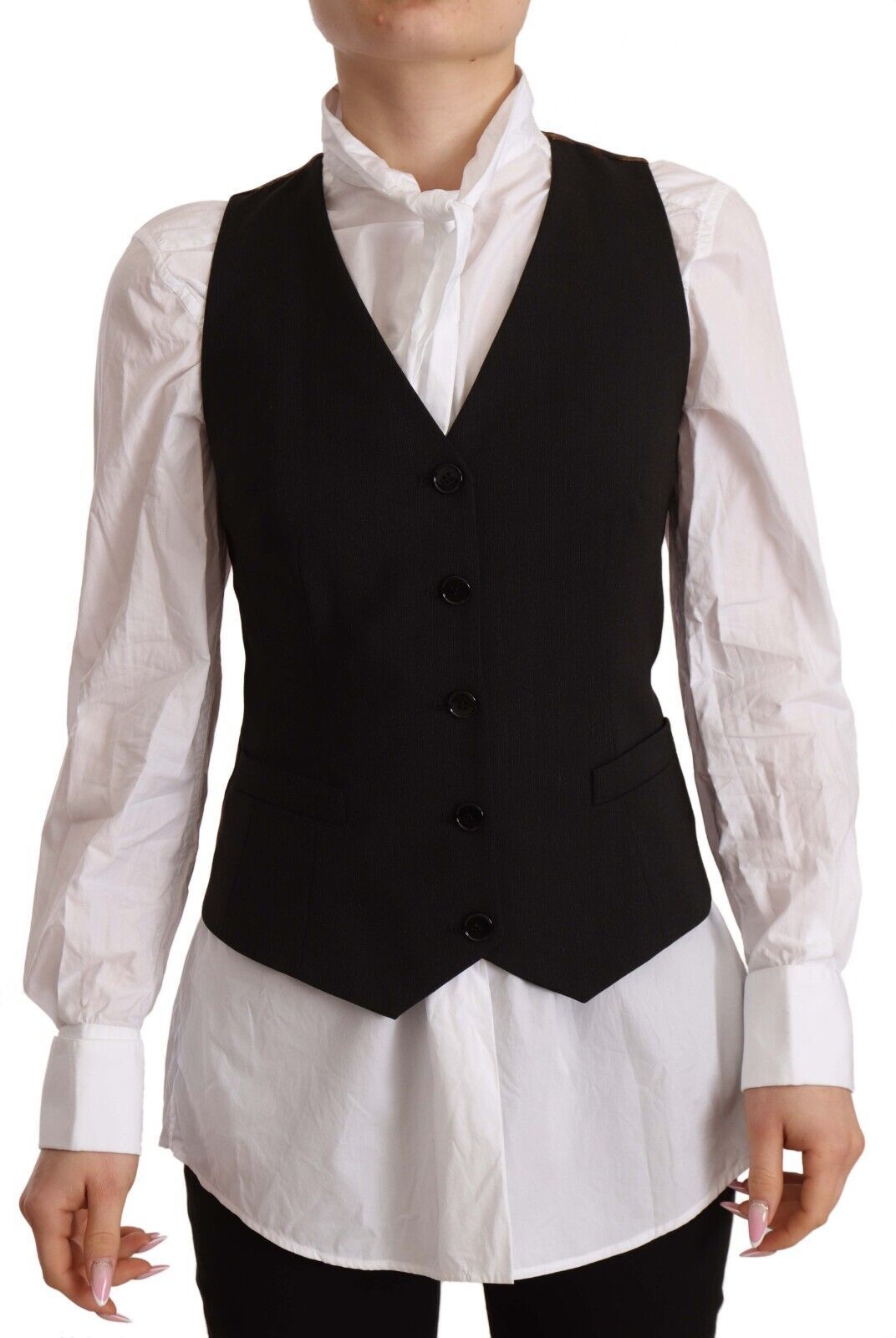 Gilet sans manches noir Dolce & Gabbana en polyester avec boutons visibles, porté sur un fond neutre.