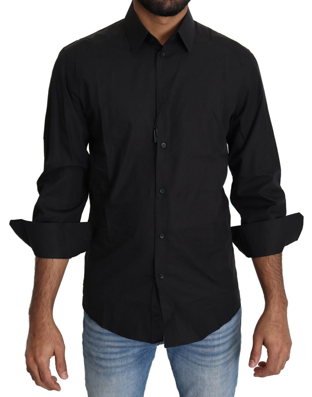 Chemise formelle noire Dolce & Gabbana pour homme en coton, vue de face, détails élégants, col classique.
