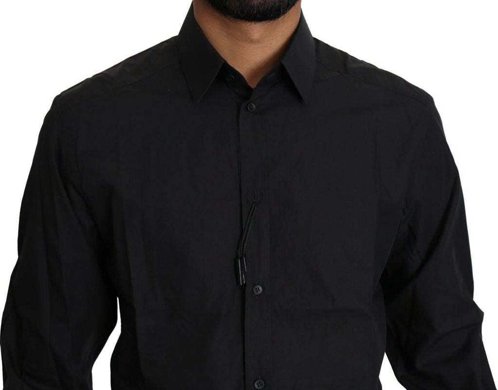 Chemise noire en coton pour homme de la marque Dolce & Gabbana, vêtement formel élégant avec col classique.