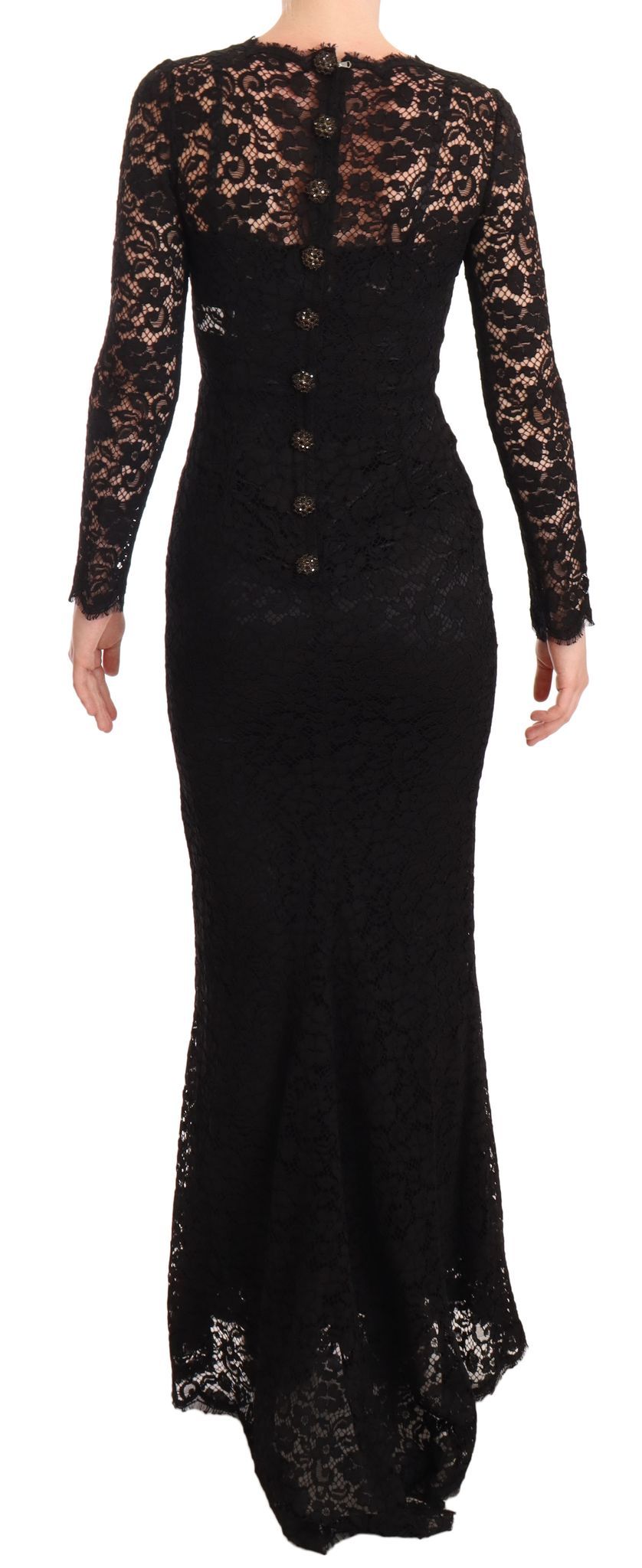 Robe longue sirène en coton noir avec dentelle et manches longues de Dolce & Gabbana, élégante et sophistiquée.