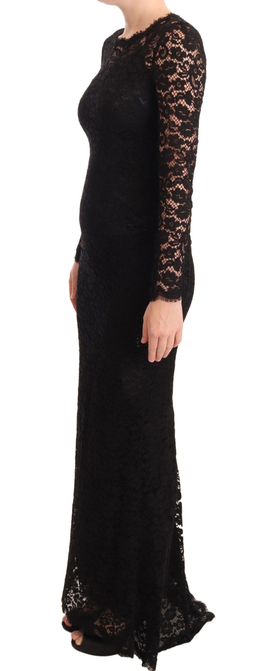 Robe longue sirène en coton noir avec dentelle et manches longues de la marque Dolce & Gabbana, vue de face.