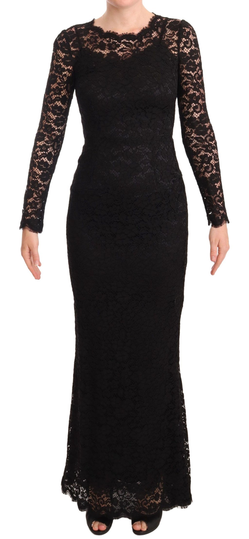 Robe longue sirène en coton noir avec dentelle, manches longues, conçue par Dolce & Gabbana.